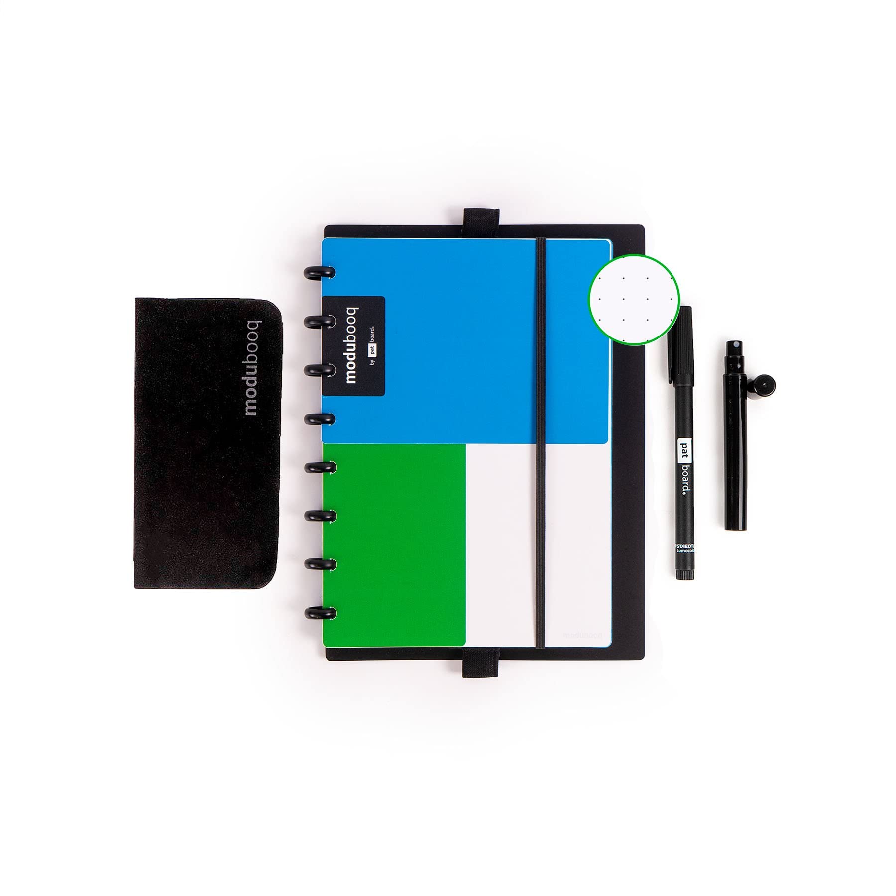 MODUBOOQ bullet, block - Modular Reusable Smart Notebook A5 - Dotted green pages with duratech3 technology - Notebook with Discbound System - Washable and writes like paper