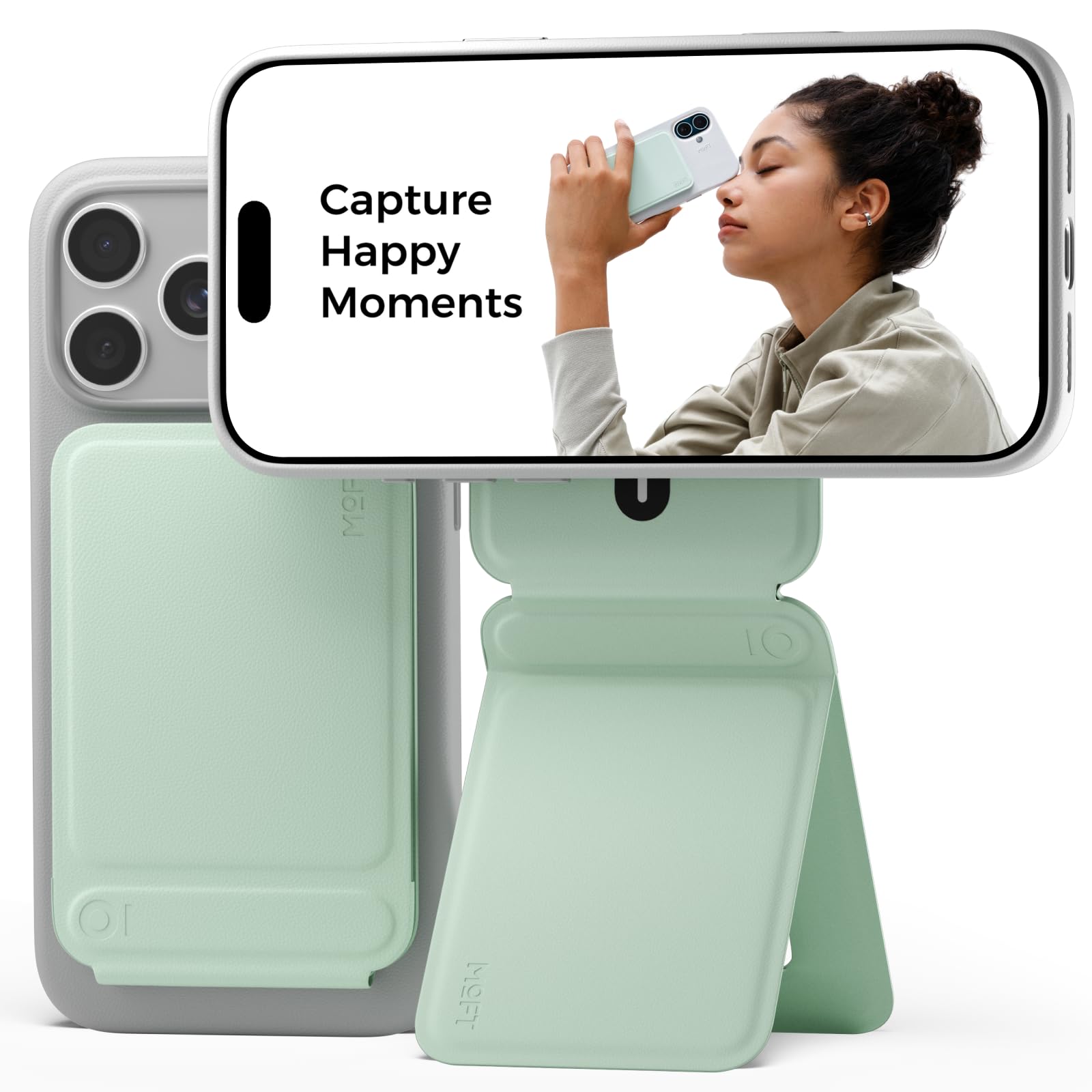 MOFT Phone Tripod Stand Selfie Stick for iPhone, Multi-Angles iPhone Stand, Lightweight & Portable Phone Holder, Strong Magnets, MOVAS Vegan Leather, Travel Essentials, Peppermint (Without Card Slot) — image 1