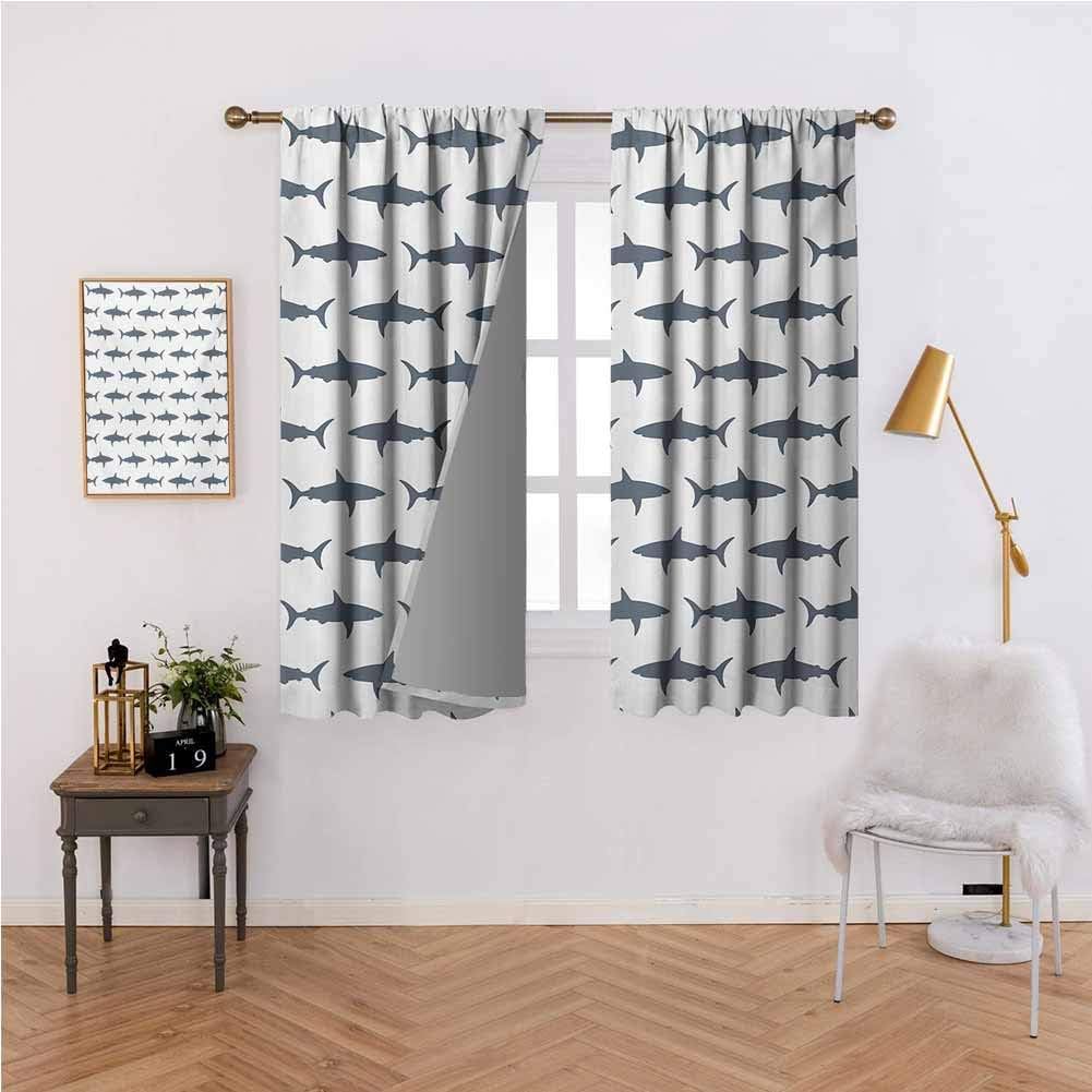 Sea Animals Window Curtains Sharks Swimming Horizontal Silhouettes Powerful Dangerous Wild Life Room Darkening Thermal Insulated Charcoal Grey White 63x72 inch