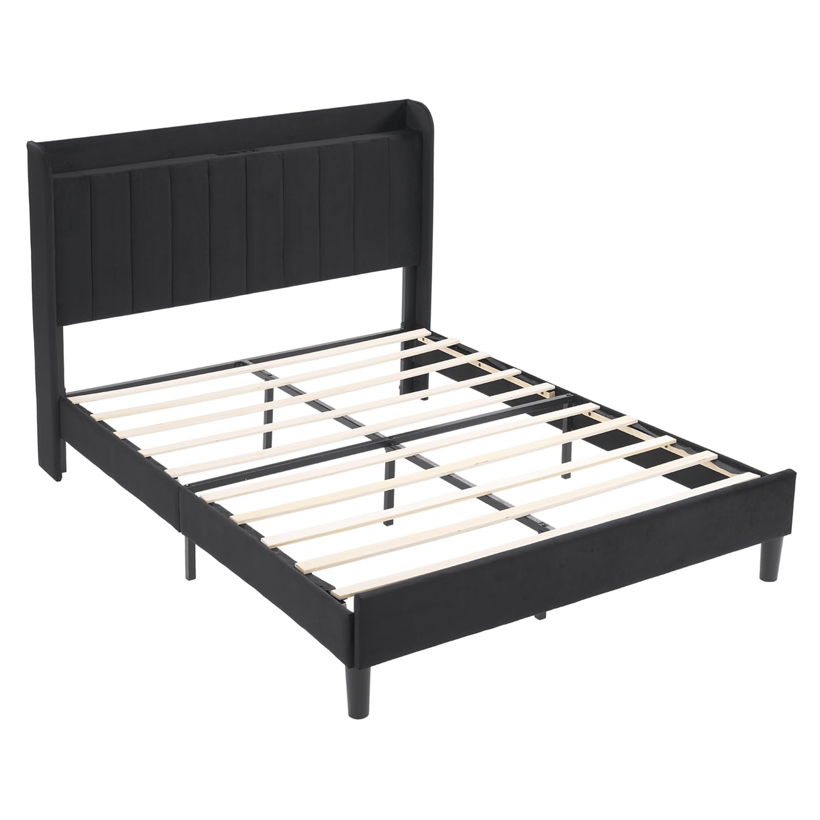 Photo 1 of ***************ITEM IS WHITE, NOT BLACK******************
Velvet Bed Frame with Charging Station and Storage Shelf, Bed Frame with Vertical Channel Tufted Wingback Headboard, Upholstered Platform Bed with Wood Slats, No Box Spring Needed (Black, Queen)