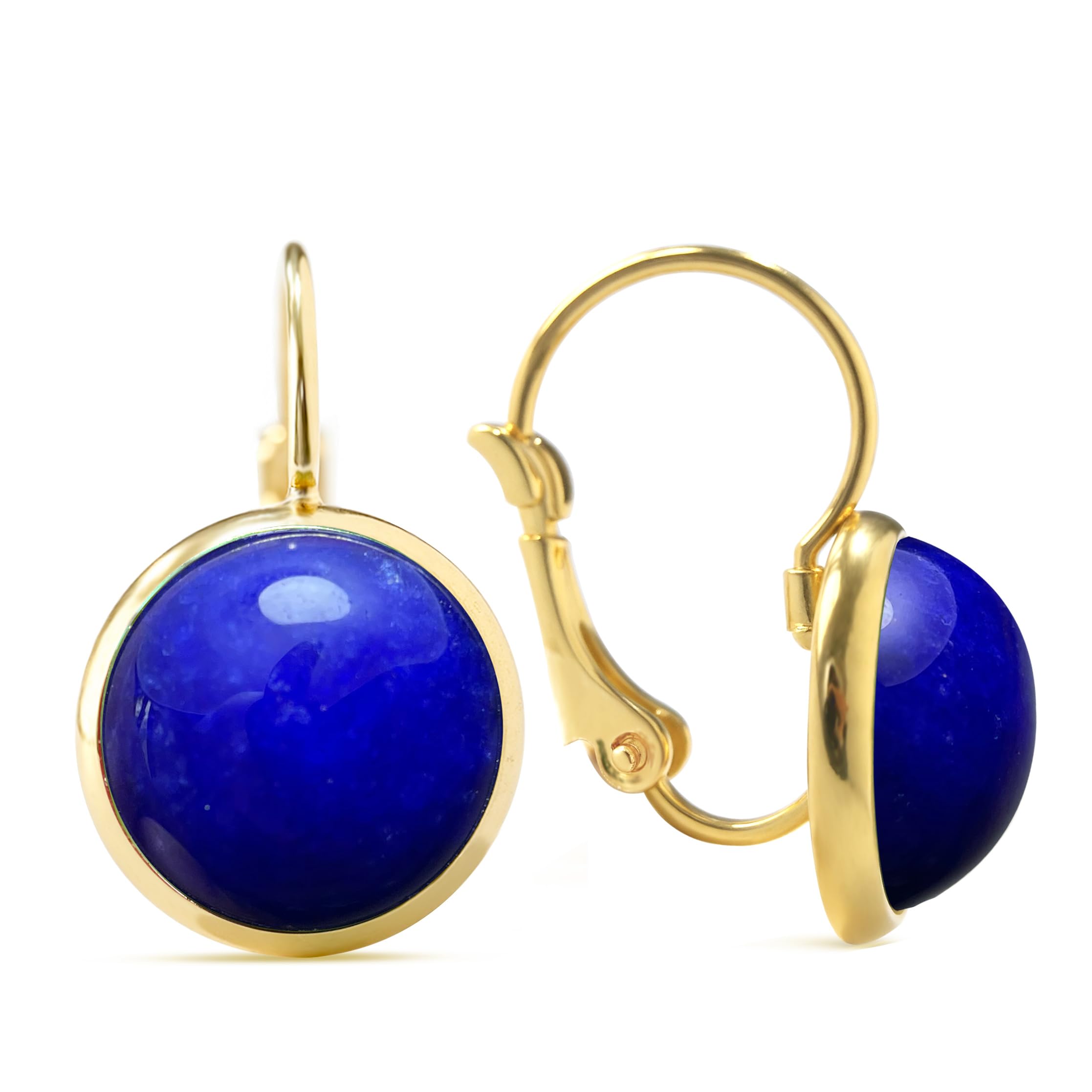 Photo 1 of 14K Yellow Gold Geometric Natural Real Genuine Round Stone Crystal Dangle Earrings Dangle Drop Earrings for Women Her (A01_Lapis Lazuli)