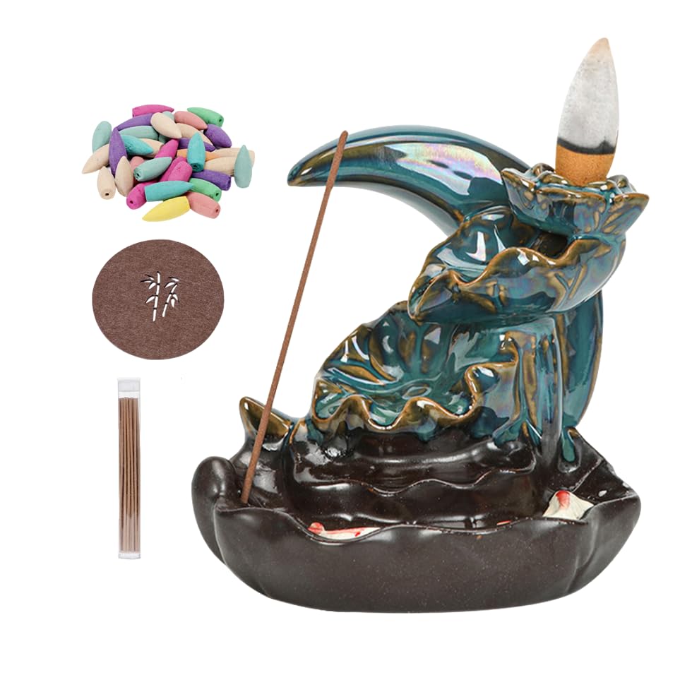 Creative Moon Waterfall Incense Holder Set - Backflow Incense Burner With 20 Cones + 30 Sticks + Tweezers + Mat - Aromatherapy Decoration for Home (Blue)