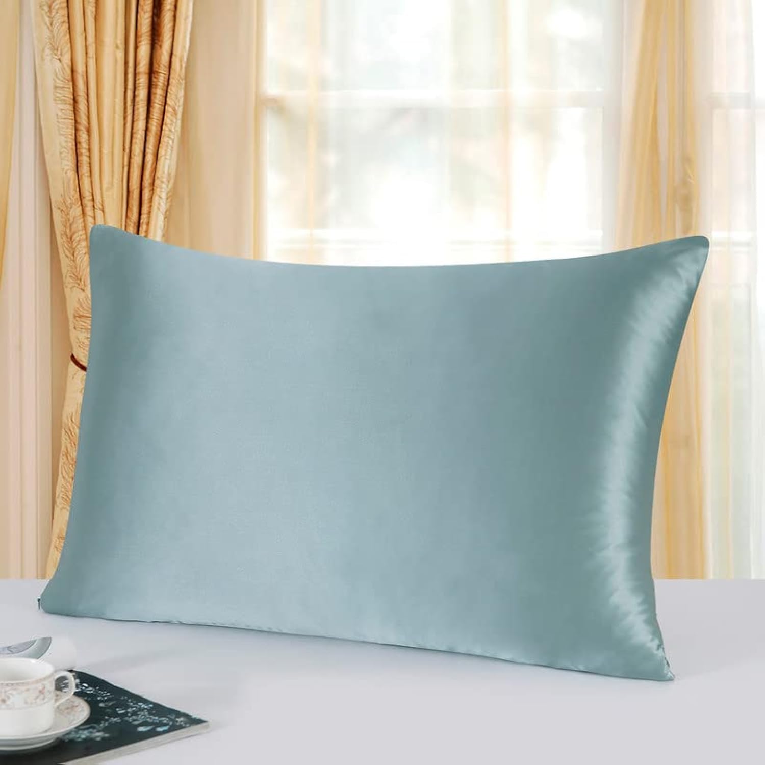 townssilk Both Side 100% 19mm Pure Mulberry Silk Pillowcase for Hair and Skin Health, 50x80cm size Pillow Case Cushion Cover with Hidden Zipper 600 Thread Count Aquagreen — image 1