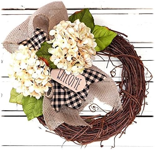 Decorative Cream Hydrangea Wreath for Front Door - Handcrafted All Season Wreath for Spring, Summer, Fall and Winter