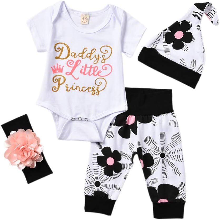 4PCs Baby Girl Clothes Isn't She Lovely Romper Floral Bodysuit Pants Hat Headband Outfit Set Clothes