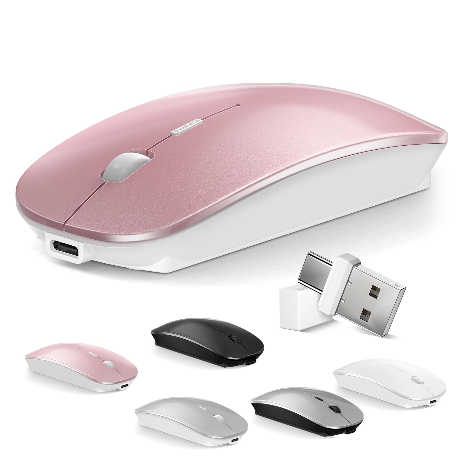 Photo 1 of Mouse for MacBook Wireless Bluetooth Mouse Laptop MacBook Air Mac Pro Rechargeable Silent PC iPad Optical Mouse with Dual Mode Switch Bluetooth 5.2/3.0 and 2.4GHz USB Type-C Receiver Rose Gold