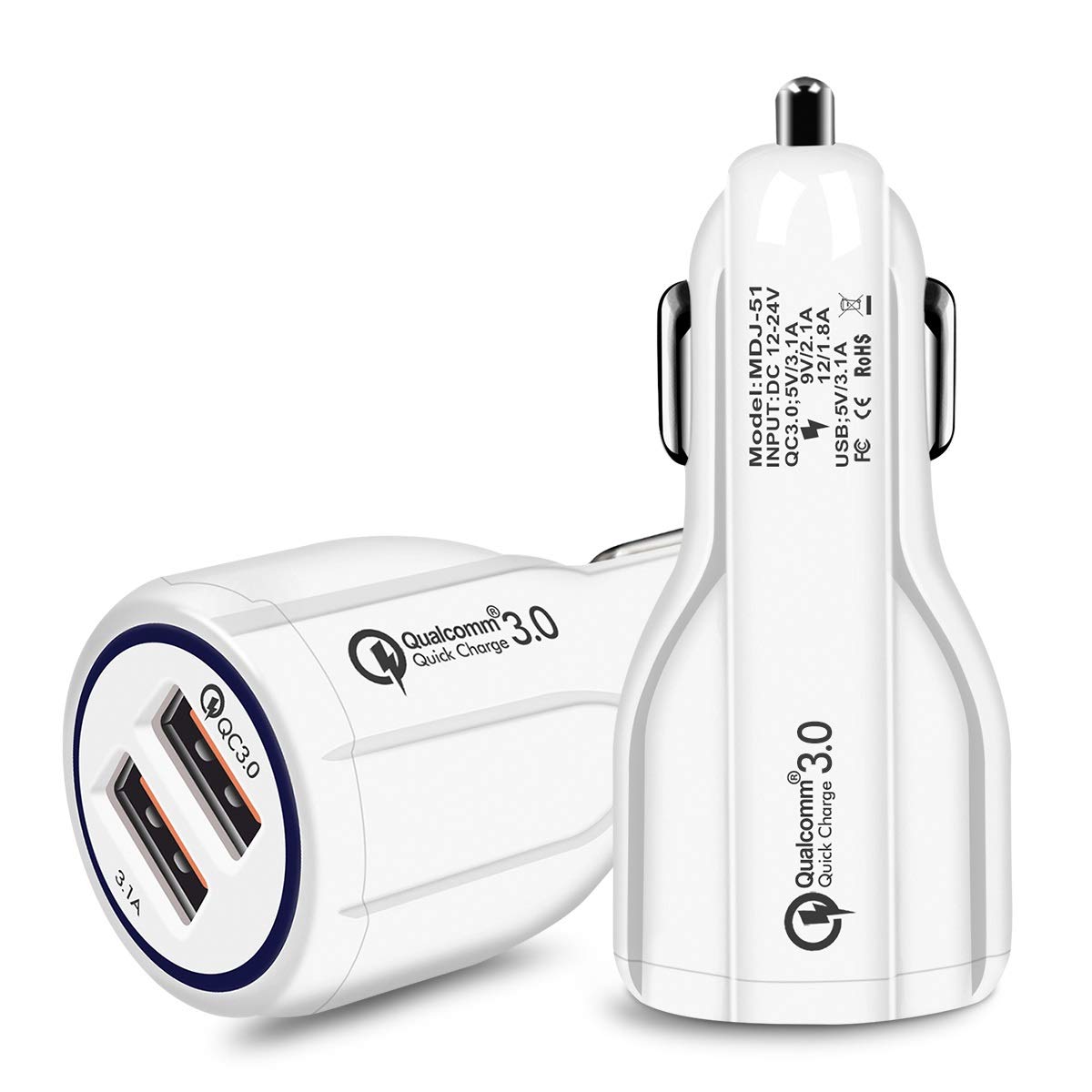 FAST USB Car Charger. With 2 USB A Ports + 1 USB C Port. Qualcomm Quick Charge 3.0. Plugs into 12V Car Cigarette Lighter Port. Suitable for charging Mobile Phones, Tablets, Cameras and other devices.