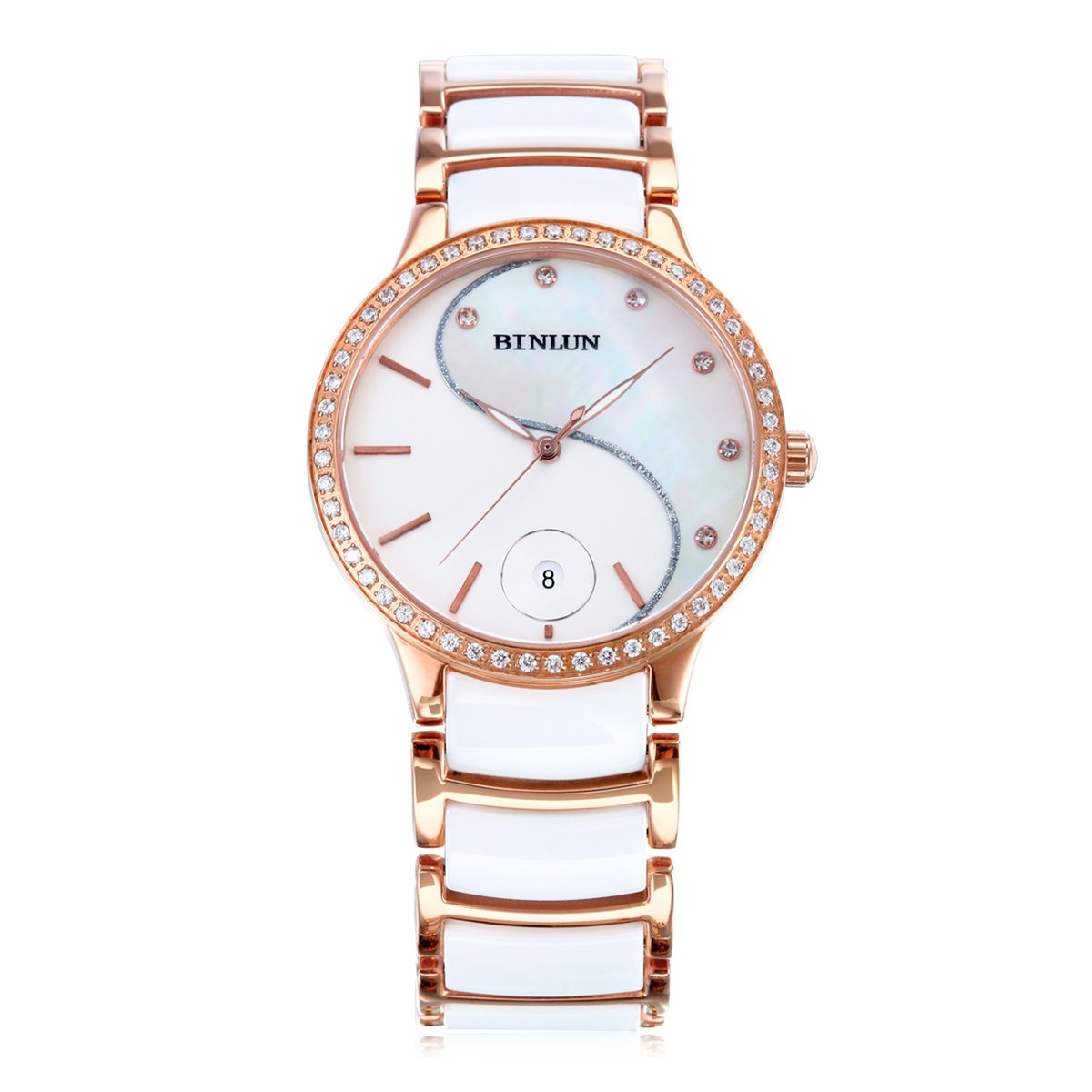 BINLUN Ceramic Watch Rose Gold and White Two Tone Bracelet Watches with Calendar Date Diamond Accented Bezel Quartz Movement Valentine