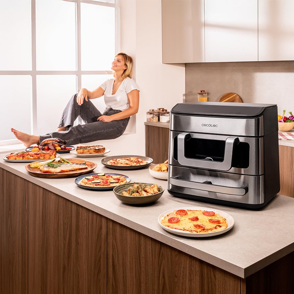 Cecotec Cecofry FoodCourt 18000 4Pizza Air Fryer 18 l Air Fryer 18000 4Pizza 2700 W, Backofen 30 cm, Temperatur max. 230 °C, 9 l Trennwand und 200 °C, Sync-Funktion, Pizzastein, Farbdisplay, Edelstahl 2