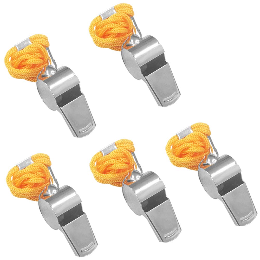 FineGood Whistles, 5pcs Stainless Steel Loud Metal with Yellow Lanyard for Referees Coaches Lifeguards Survival Emergency Football Basketball Soccer Hockey