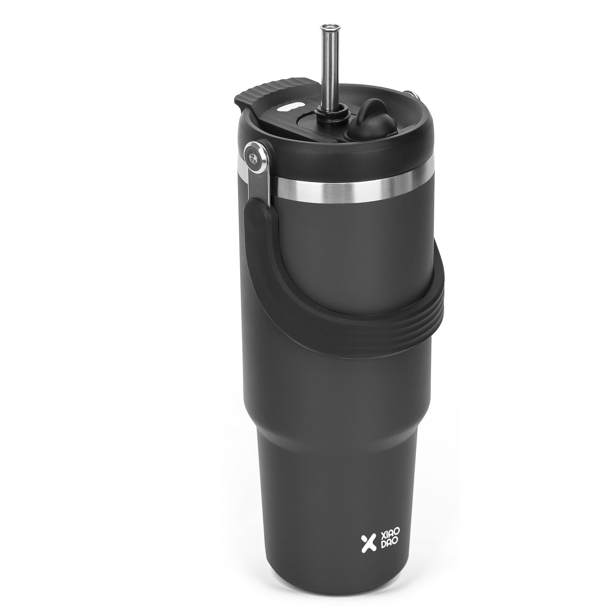 SKIASE タンブラー ストロー付き 900ml 水筒 大容量 ウォーターボトル 真空断熱 保温 保冷 ステンレスボトル 広口 直飲み 蓋付き アウトドア 取っ手付き 持ち運び こぼれない ブラック