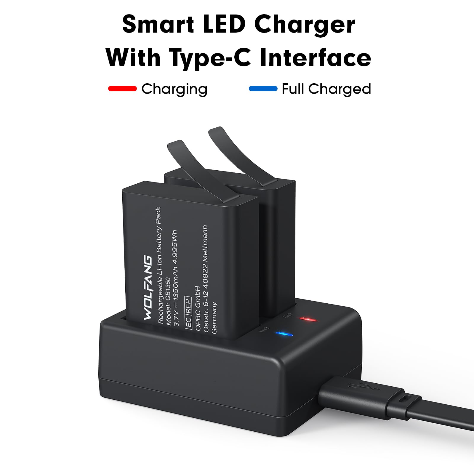 WOLFANG charger with red LED indicating charging and blue LED indicating fully charged