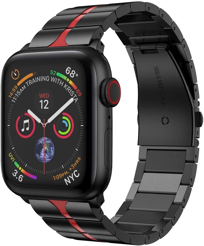 RABUZI Compatible for Apple Watch Band 44mm/42mm,Enamel Process Stainless Steel Metal Adjustable Sport Wristband Compatible for Apple Watch Series 5/4/3/2/1 Smartwatch,Black+Red Enamel Process