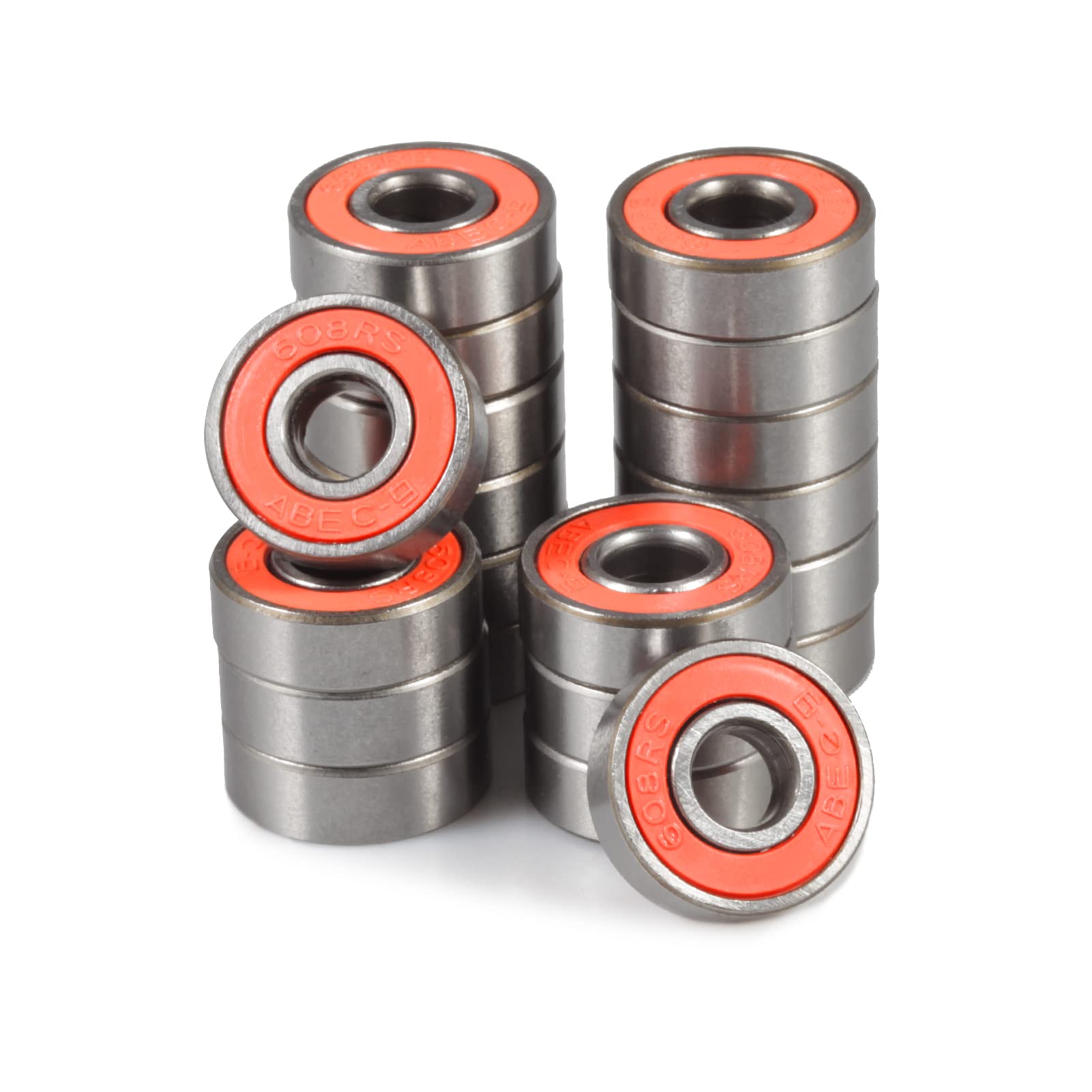 SPEEDWOX 20 Pcs Skateboard Ball Bearings 608 2RS Double Rubber Seal Miniature Bearings Carbon Steel Deep Groove Bearings for Skateboard Longboard Roller Skate Fidget Spinner, Orange 8x22x7mm