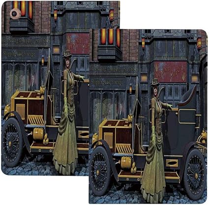 Amazon Ipad Pro 12 9 ケース ビクトリア朝の装飾 ストリートメカニック産業時代のビクトリア朝様式のドレスとビンテージ車を着ている女性印刷 マルチ ビクトリア朝の装飾 オートスリープ ウェイク対応 鑑賞 タイピングスタンドモード ゴム製カバー付き柔軟性