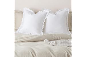 PHF 100% Washed Cotton Euro Shams with Ruffle, 2 Pack 26" x 26" Cotton Euro Sham Pillow Covers, No Insert, Ultra Soft Decorative Farmhouse Bedding for Bed Sofa, White