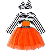 Toddler Baby Girl Pumpkin Printed Tutu Dress Long Sleeve Striped Skirt Outfits Clothes with Headband