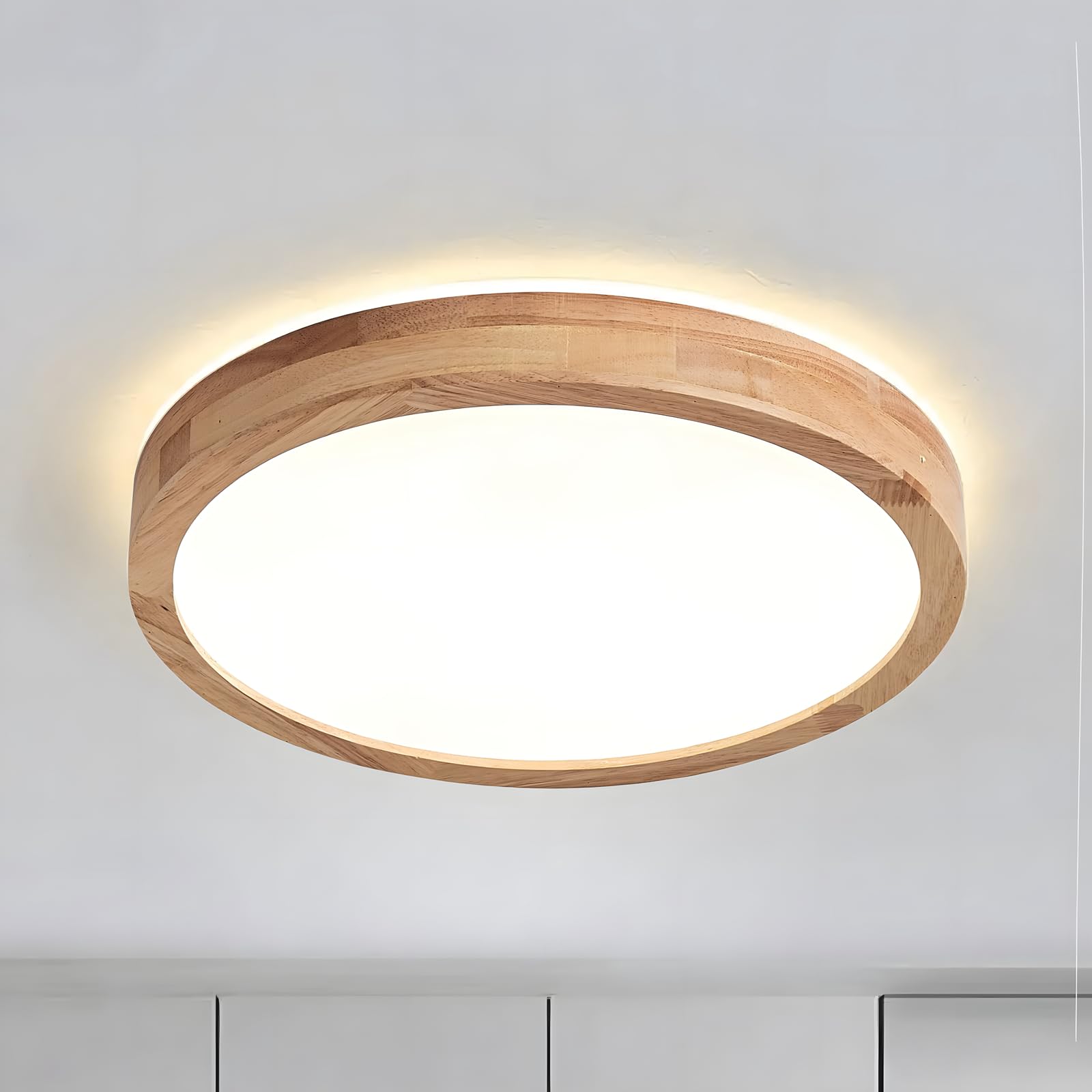 WayLuoung Wooden LED Ceiling Light | Ø30cm 4500K 1620Lm 18W | Round Top 360° Glow Natural Wood Ceiling Lamp, Bedroom, Living Room, Children's Room, Kitchen, Dining Room, Home, Office (Neutral White)