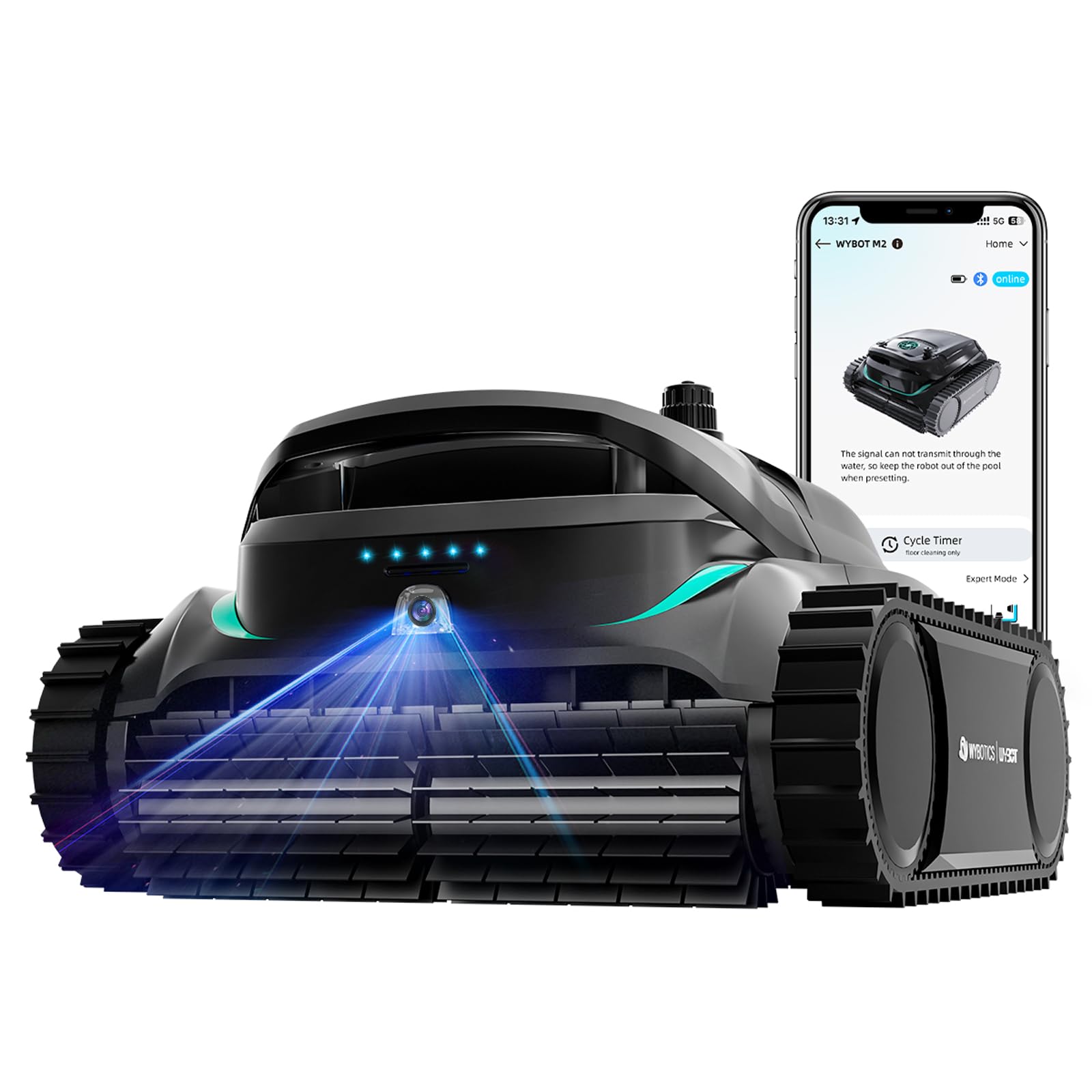 Photo 1 of **FOR PARTS ONLY / NON-FUNCTIONAL** WYBOT M2 AI Camera Robotic Pool Vacuum Cleaner, 8 Modes & 7 Paths, Dual Filtration, App Control, 120W Brushless Motor, 10,000mAh Battery, 300mins Runtime, Covers 4,305 Sq.Ft, Black&Green