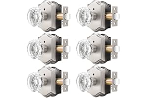Orger Octagonal Crystal Door Knobs 6 Pack, Interior Privacy Door Handle for Bed/Bathroom with Pin Lock Inside, Satin Nickel Vintage Rosette Door Knob with Heavy Duty Genuine Glass