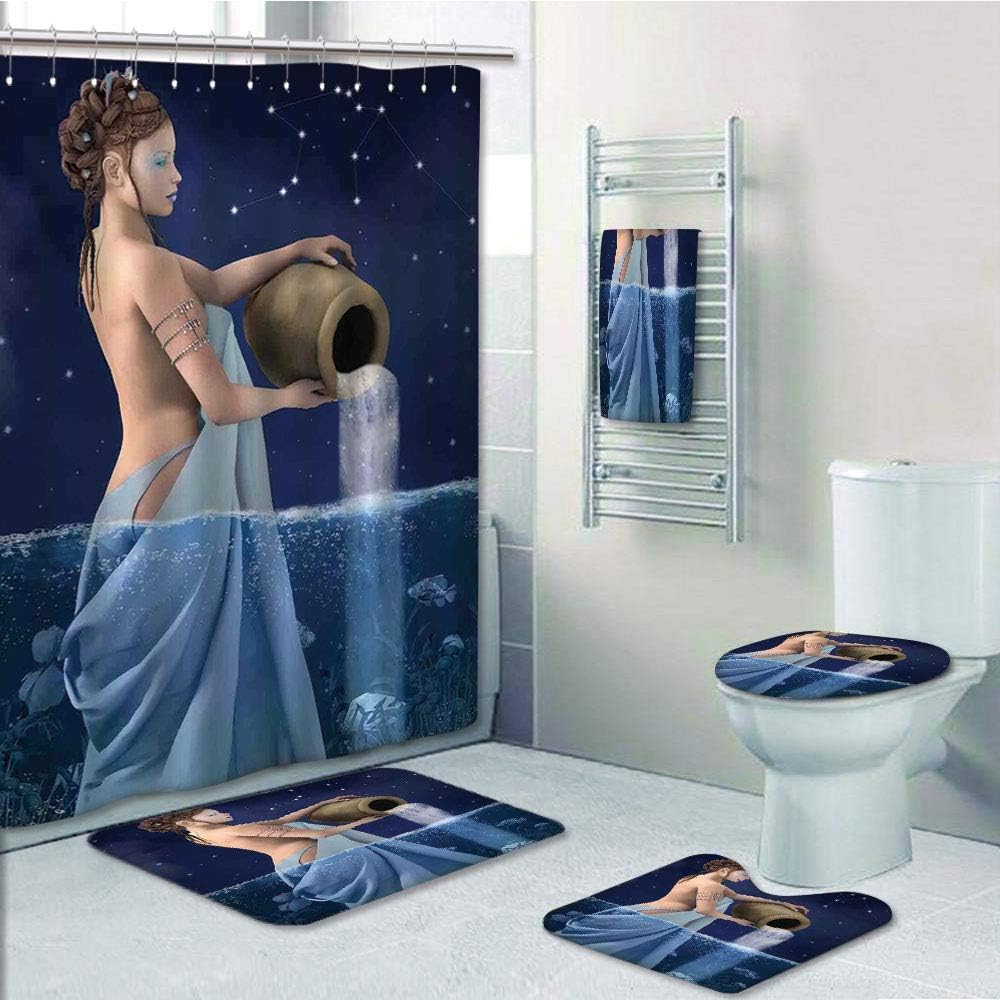 Bathroom 5 Piece Set shower curtain 3d print,Astrology,Aquarius Lady with Pail in the Sea Water Signs Saturn Mystry at Night Stars Decorative,Blue Dark Blue,Bath Mat,Bathroom Carpet Rug,Non-Slip,Bath