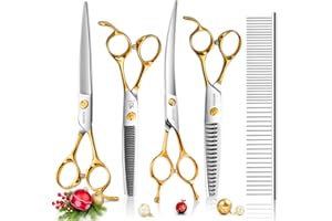 FOGOSP Professional 7.5" Dog Grooming Scissors Kit 4pcs, JP 440C Stainless Steel Curved Blender Straight Chunker Shears for Dog Cat and Pets (7.5 in Kit, Gold)