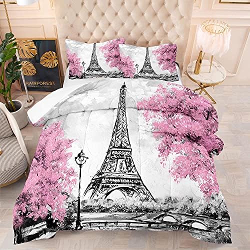 Pink Paris Comforter Set Queen Size Eiffel Tower Flower French Style
