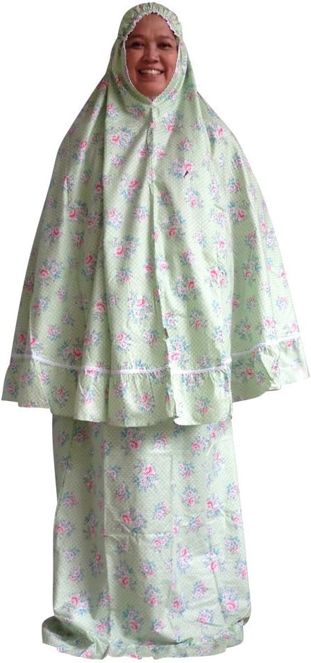Dey Two Pieces Women's Muslim Prayer Dress (Abaya, Mukena) with Cute Bag (Light Green)