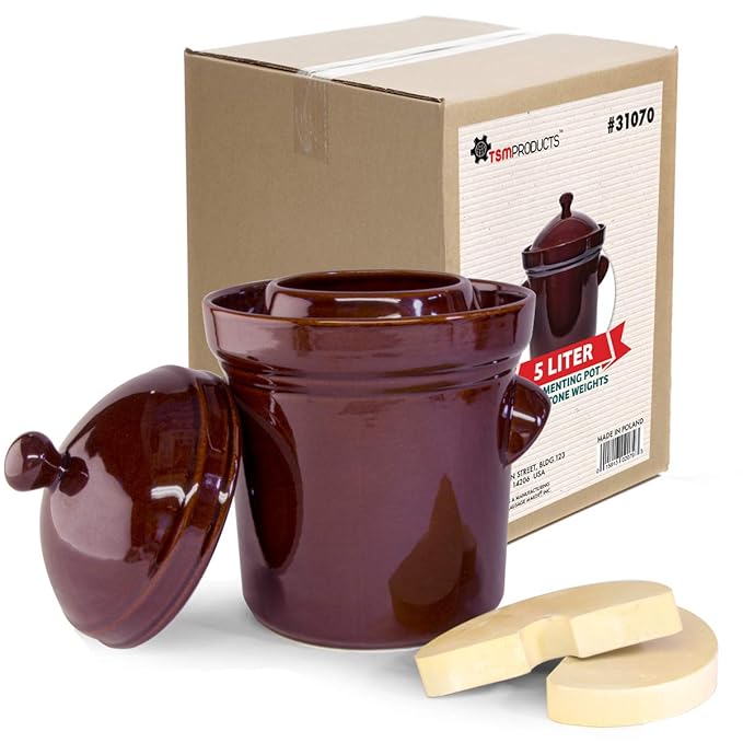 TSM Products Polish Fermenting Crock with Stone Weights, 5 L, Burnt