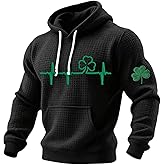 St Patricks Day Hoodies for Men Waffle Knit Pullover Irish Sweatshirt Shamrock Clover Graphic Shirt Holiday Outfits