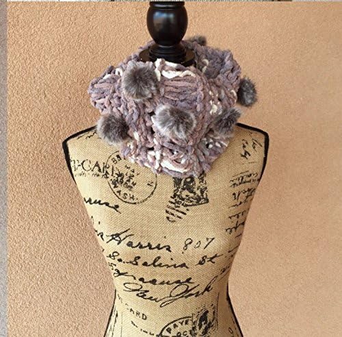 Brown Grey silver Chunky Knit Scarf Winter Gift for Women, Soft Pom Knit Scarves