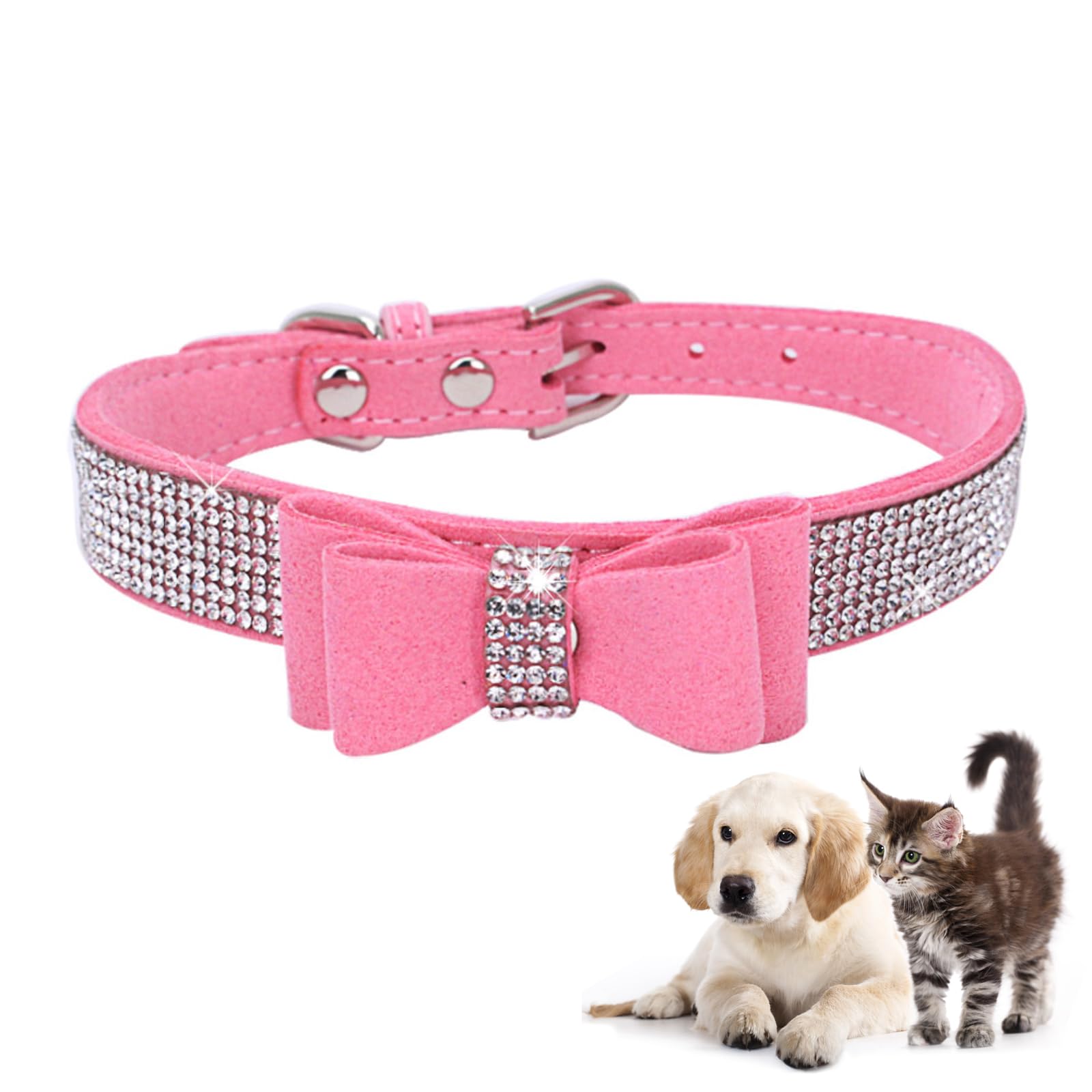 One Piece Beautiful Crystal Diamond Puppy Collars Pink Bowtie Diamante Dog Collar Crystal Velvet Cute Dazzling Sparkling Puppy Collars for Small Medium Large Pets