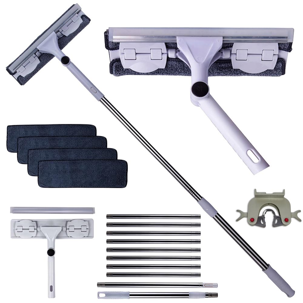 4m (13 ft) 2-in-1 Window Cleaning Equipment with Long Handle, 25 cm Window Squeegee with extra 4 Cloths, Window Cleaning Kit with 10 Poles, Window Cleaner for Outdoor Home Commercial Use (White)