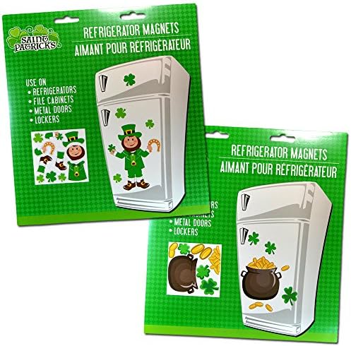 2 Pcs of St. Patrick’s Day Themed Refrigerator Magnets Set, Pots O' Gold, Horseshoe, Shamrocks Clover Leaf & Irish Leprechaun, Home Kitchen Fridge Seasonal Fun Party Décor Green Patty
