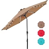 DUMOS 10FT Patio Umbrella with 32 LED Lights, UV-Resistant Outdoor Table Umbrella with Tilt &amp; Crank, for Backyard, Deck, Garden and Beach, Tan