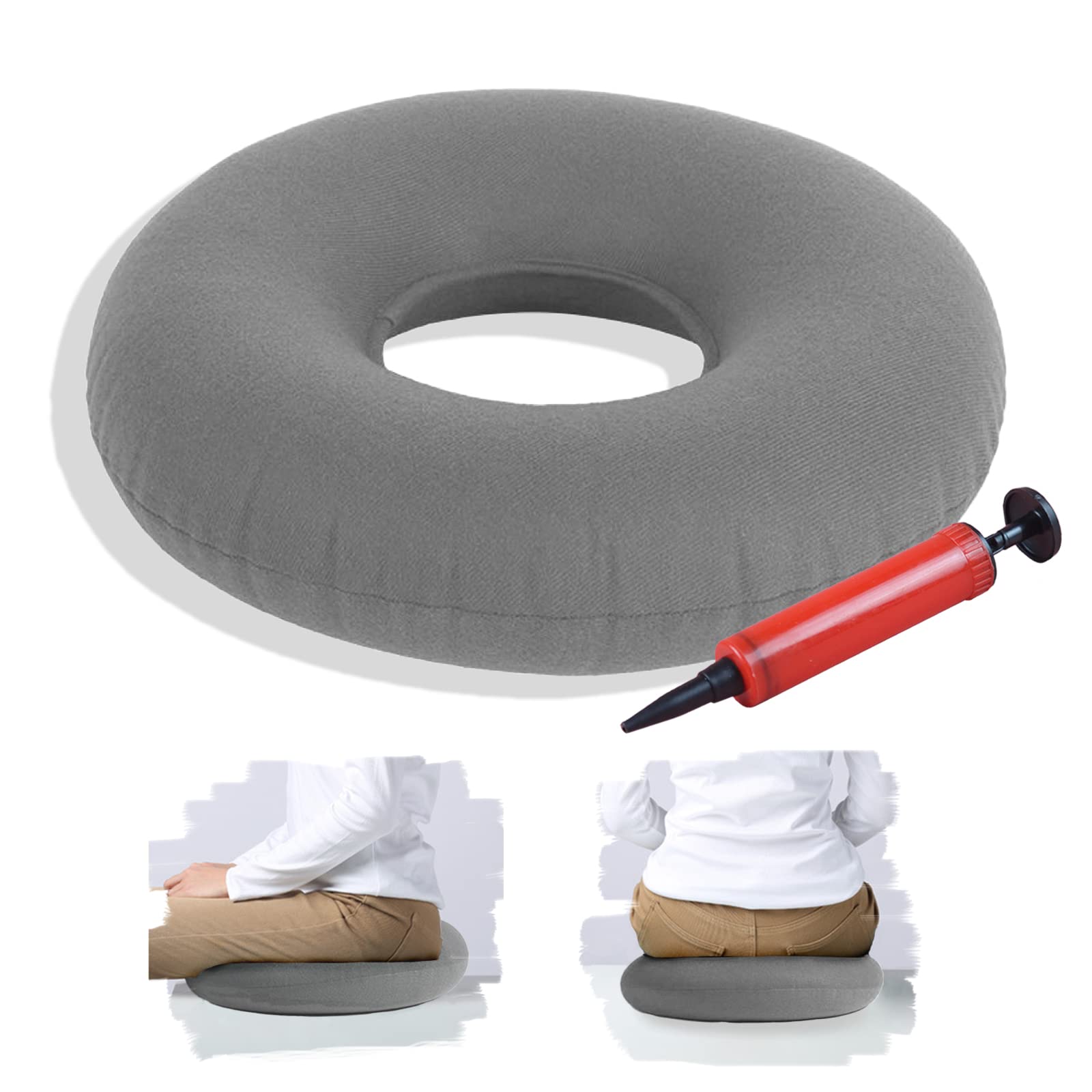 TUAKIMCE Inflatable Donut Ring Cushion, Hemorrhoid Seat Pillow, Round Wheelchairs Seat Cushion, Portable Inflatable Seat Donut Pillow Cushion for Home, Car or Office - Air Pump Included (Gery)