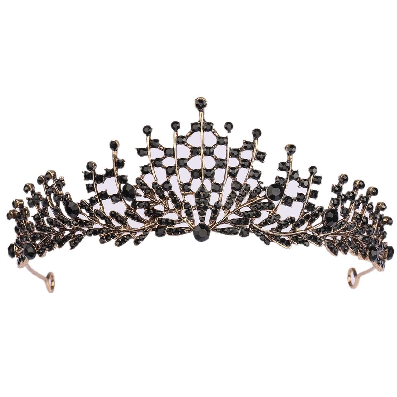Women Black Crystal Crown Queen Tiara Princess Girls Elf Headband Gift for Costume Wedding Bride Bridesmaid Carnival Headdress Fancy Dress Prom Birthday Hen Party Pageant Halloween Baroque Jewelry