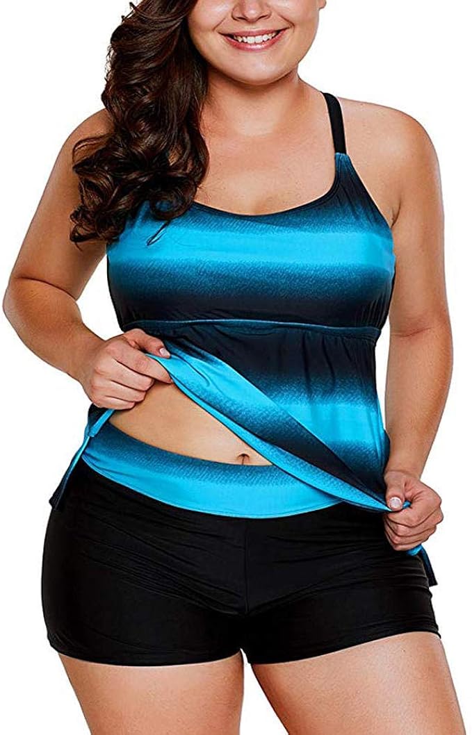 Plus Size Bathing Suit Women Color Block Striped Swimsuits Two Piece