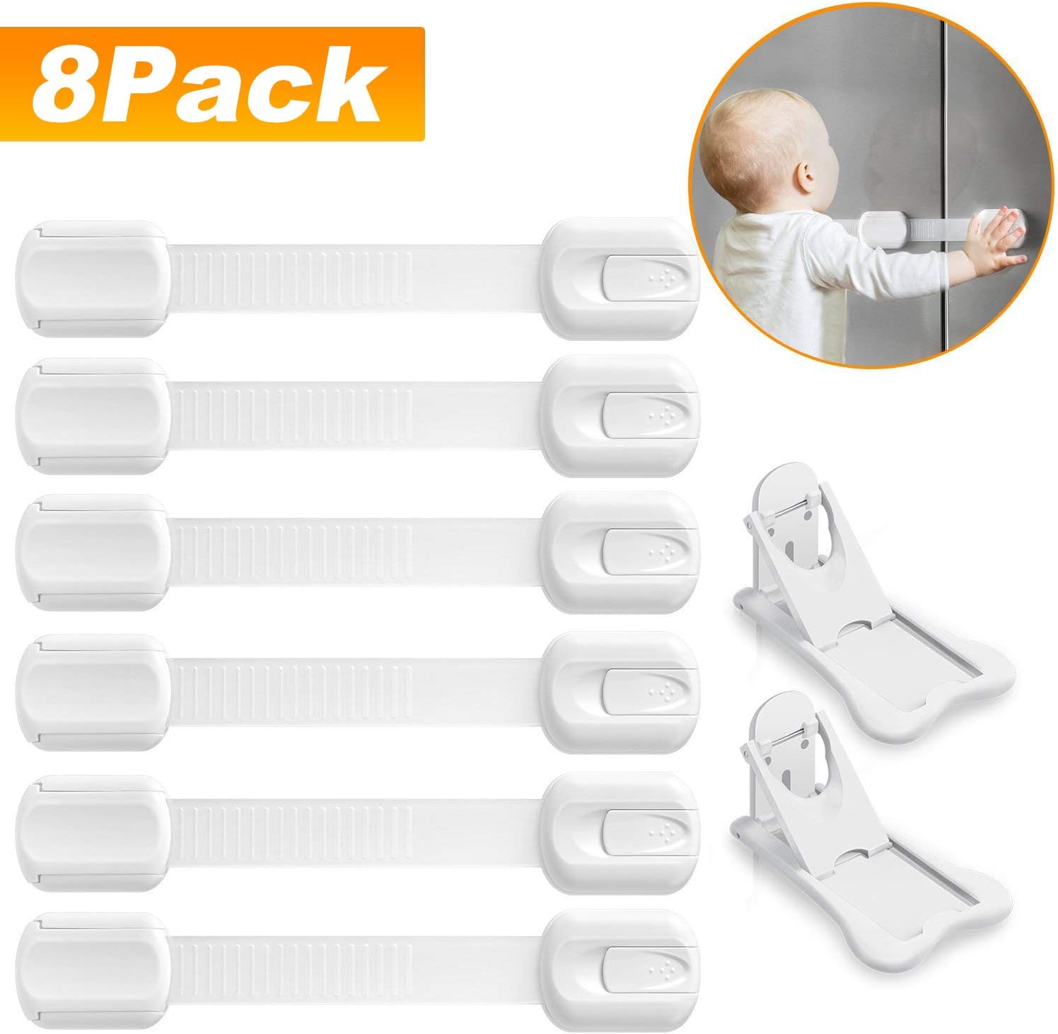Adoric Life 8 Pack Baby Proofing Locks-6 Pack Child Safety Locks for Cabinet, Drawer, Appliances, Toilet Seat and Fridge with Adjustable Latches, PLUS 2 Pack Sliding Door Cupboard Locks FOR FREE