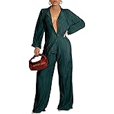 Ekaliy Women's 2 Piece Casual Pleated Outfits Short Sleeve Button Down Shirt High Waist Wide Leg Trouser Sets Suit