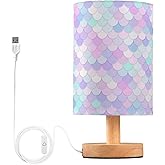 ALAZA Rainbow Scales Mermaid Decor Bedside Table Lamp with USB Port for Bedroom Nightstand Office Desk LED Bulb Included