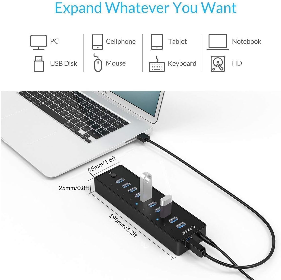 ORICO Powered USB Hub, 10 Ports 36W USB 3.0 Data Hub with 12V/3A Power Adapter for Computer, PC, Laptop, Mobile HDD, Flash Drive and More: Computers & Accessories