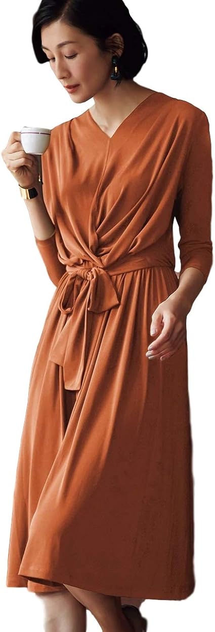 Amazon ドゥクラッセ ドレープジャージー カシュクール風ワンピ 無地 Lテラコッタ ワンピース チュニック 通販
