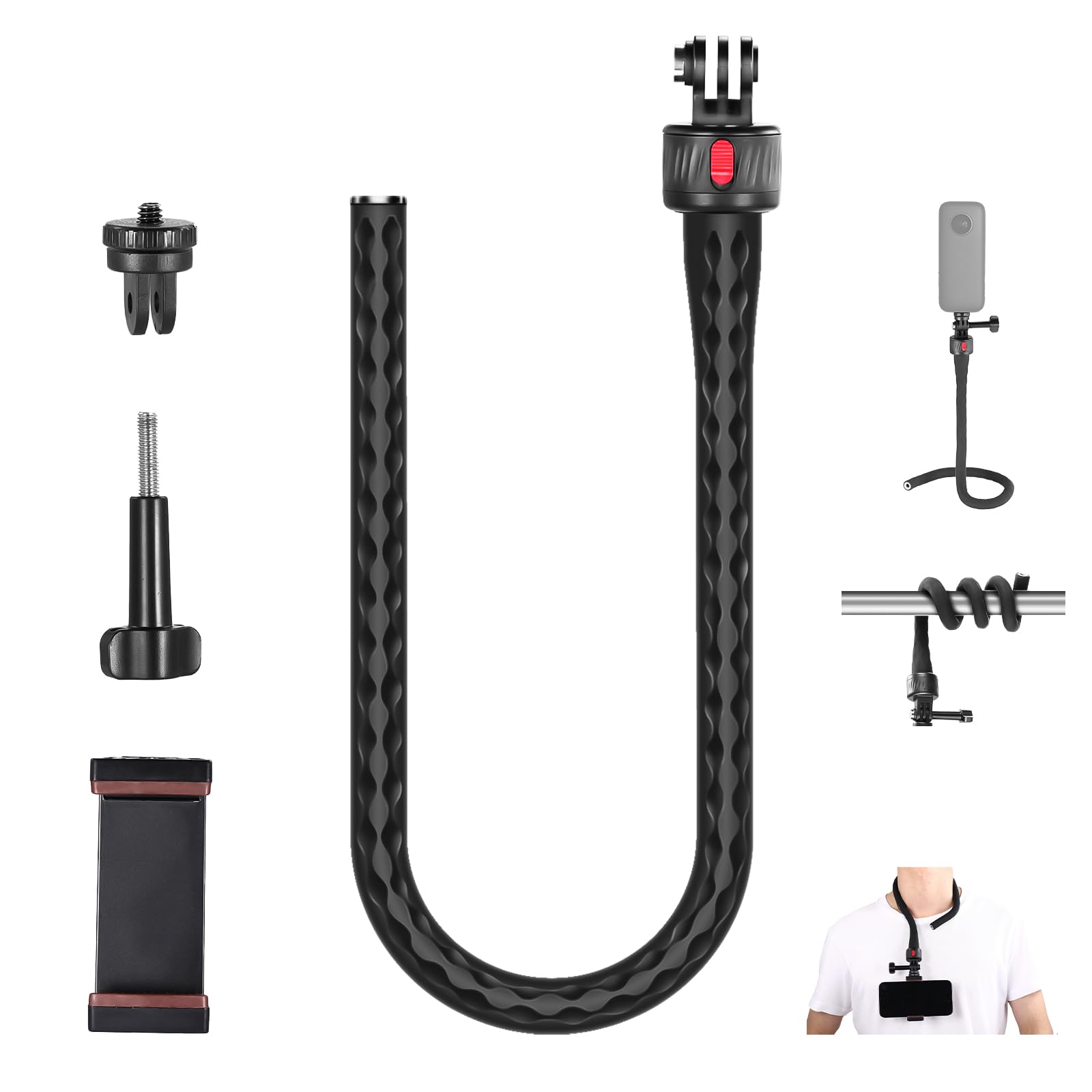 NEEWER Flexible Phone Holder with Magnetic Quick Release Camera Mount Compatible with GoPro Insta360 DJI Action 4 iPhone, Bendable Selfie Stick for Shopping Cart/Stroller/Treadmill/Gym, GP-17