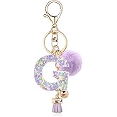 OKAICEN Resin Alphabet Initial Letter Keychain Keyring for Women Purse Handbags With Fur Ball Pom