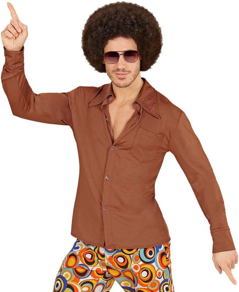 70s Retro Shirt with or without Pattern Disco Men's Costume Seventies Hat, Size: XXL, Colour: Brown