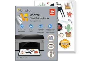 HOMSTO Vinyl Sticker Paper, Matte Printable Sticker Paper for Inkjet Printer, Quick Drying, Water Resistant, Scratch Resistant, Sticks to Most Surfaces, 8.5 x 11 Inches, 20 Sheets
