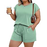 Lastshe Plus Size Two Piece Sets for Women Short Lounge Set Drawstring Cap Sleeve Summer Outfits Sweatsuit with Pockets