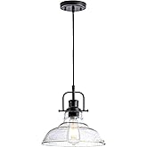 Zlepmlla Glass Pendant Light，Black Pendant Light Fixtures with Seeded Glass Shade, Adjustable Height Hanging Lights for Hallw