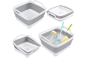Collapsible Dish Basin, Aertiavty 2 Pack Collapsible Bottle Washing Basin Dish Pans for Kitchen Sink 2.4Gal Plastic Silicone Wash Tub with Drain for Camping, RV, Foldable Wash Basin Space saving